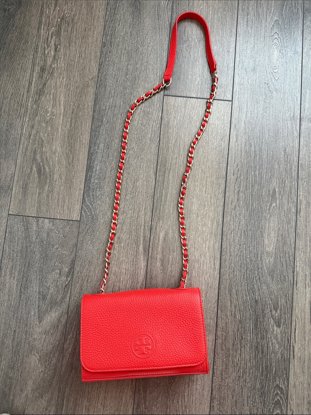 Tory Burch Red Pebbled Leather Chain Crossbody
